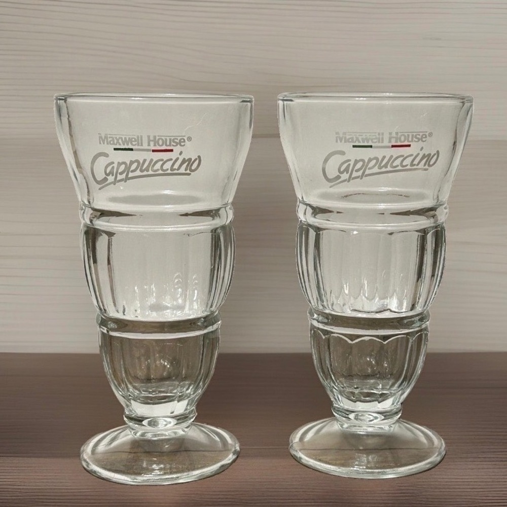 Maxwell House Cappuccino Glass Cups Clear Footed Dessert Ice Cream Sundae Set/2